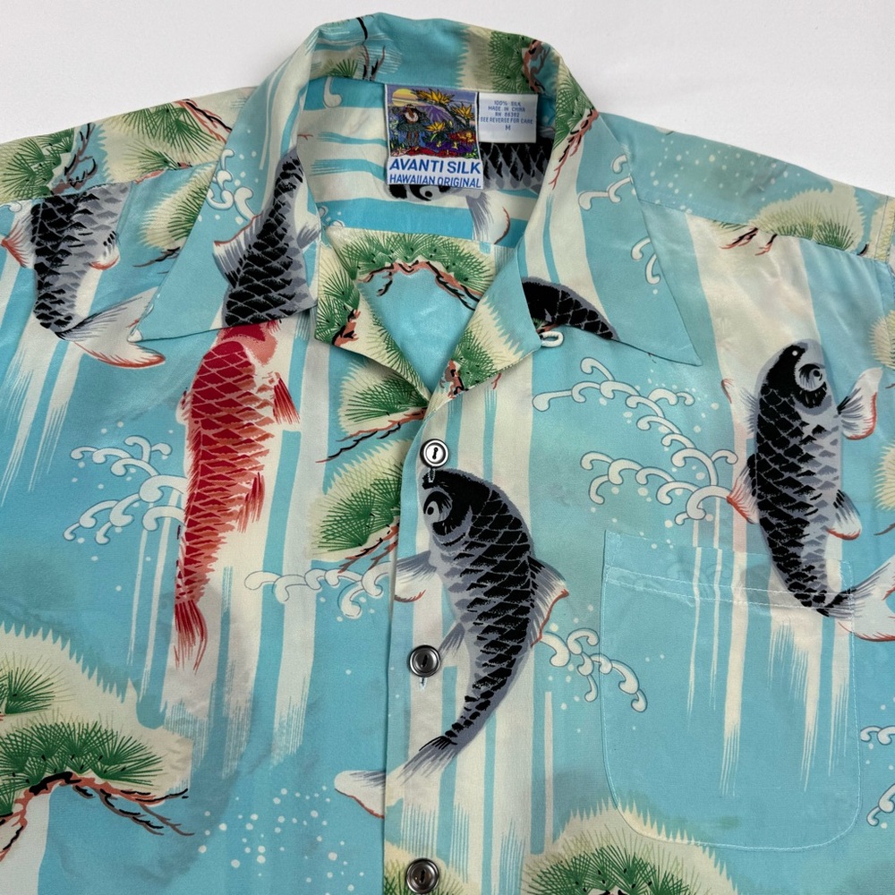 Avanti Silk Mens Hawaiian Shirt Sz Medium Japanese Koi Fish Button Up C7